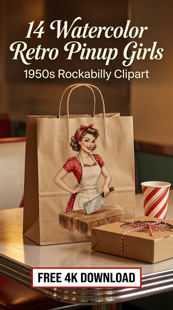 Free Sexy Butcher Clipart PNG | Retro Pinup Woman in Red Dress — Retro Pinup Clipart | 1950s Rockabilly PNG watercolor clipart