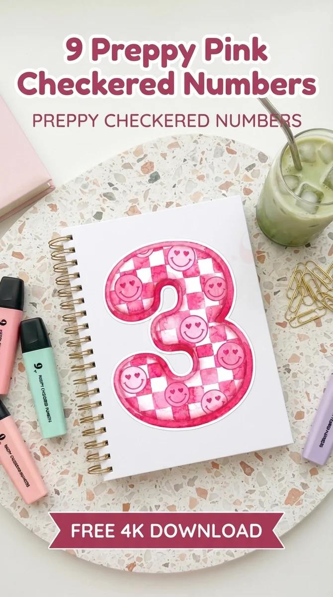 Free Preppy Number 3 Clipart PNG | Pink Grid Birthday Art — Preppy Pink Checkered Numbers | Y2K Birthday PNG watercolor clipart