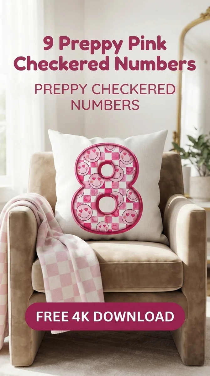 Free Chunky Number 8 PNG | Pink Checkered Preppy Art — Preppy Pink Checkered Numbers | Y2K Birthday PNG watercolor clipart