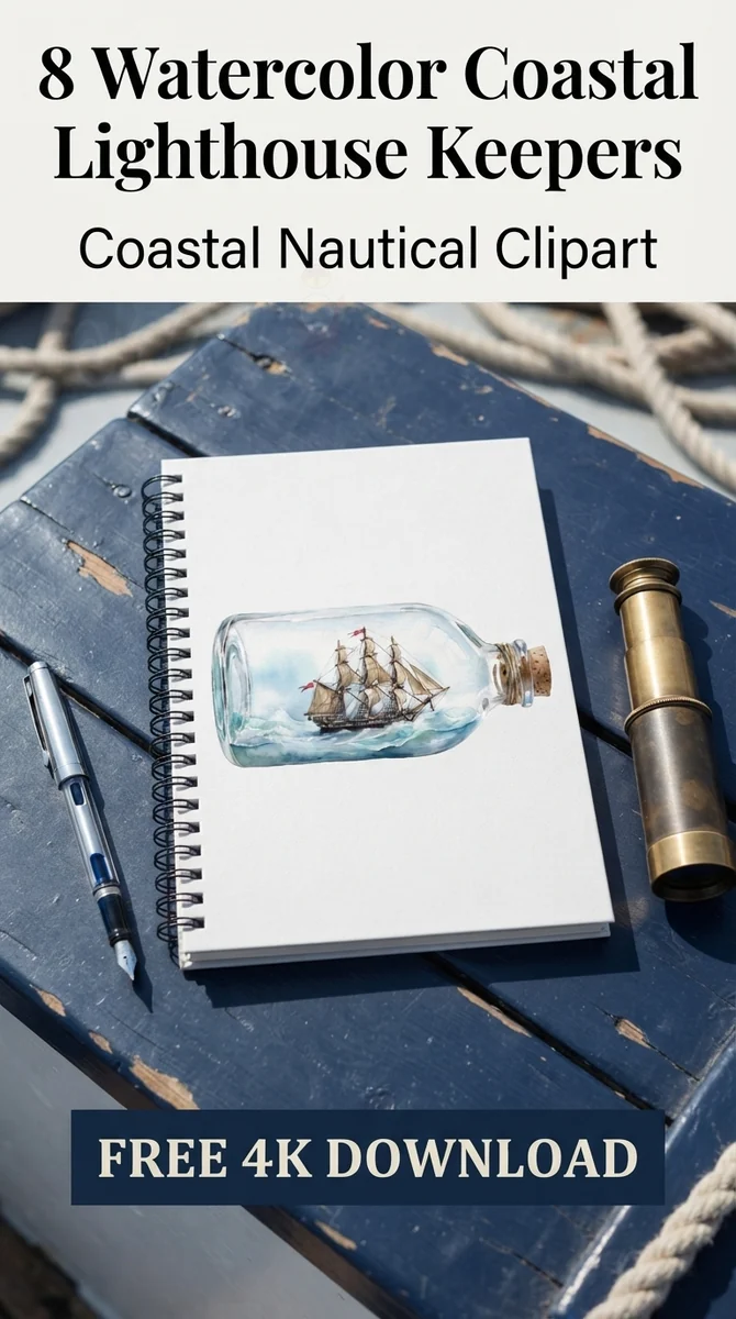 Free Sailing Ship in Bottle PNG | Coastal Nautical Clipart — Coastal Lighthouse | Nautical Watercolor Clipart watercolor clipart