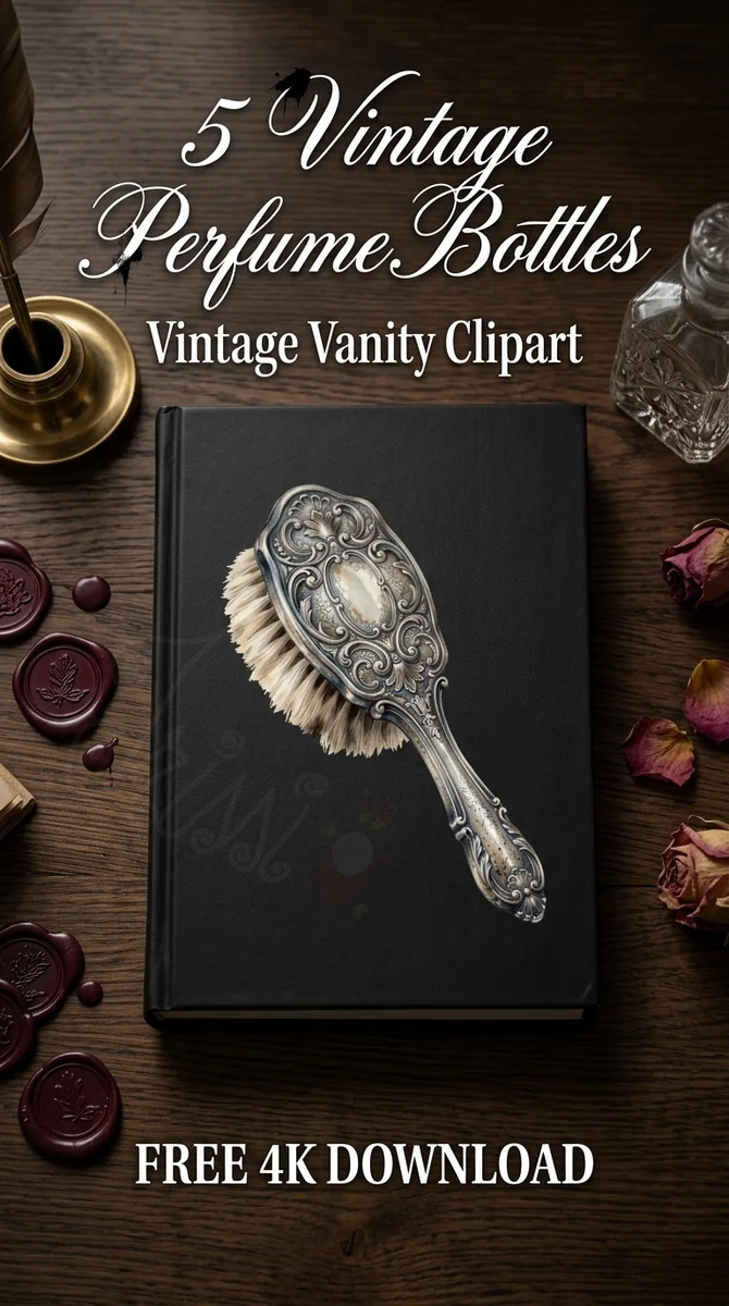 Free Ornate Silver Hairbrush PNG | Victorian Vanity Clipart — Antique Vanity | Vintage Perfume Clipart watercolor clipart
