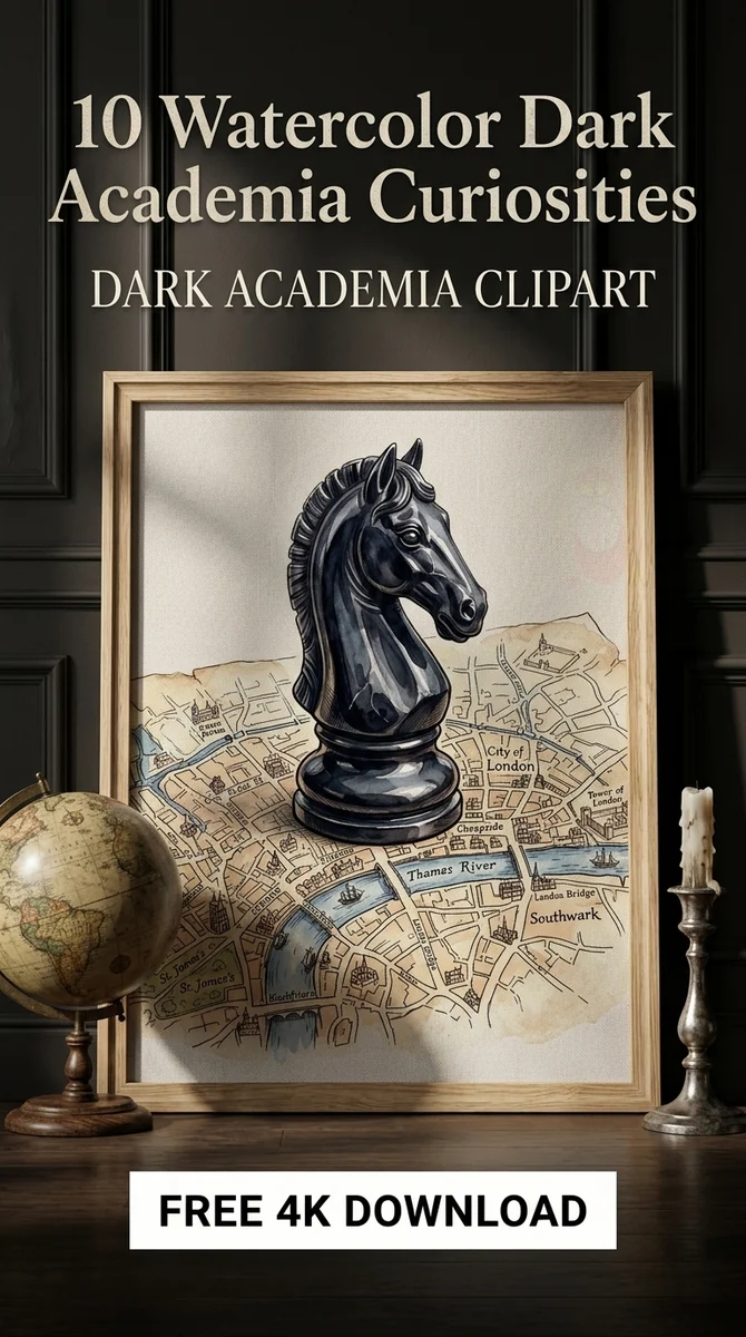 Free Chess Knight Graphic PNG | Vintage London Map Art — Dark Academia Clipart | Gothic Watercolor PNGs watercolor clipart