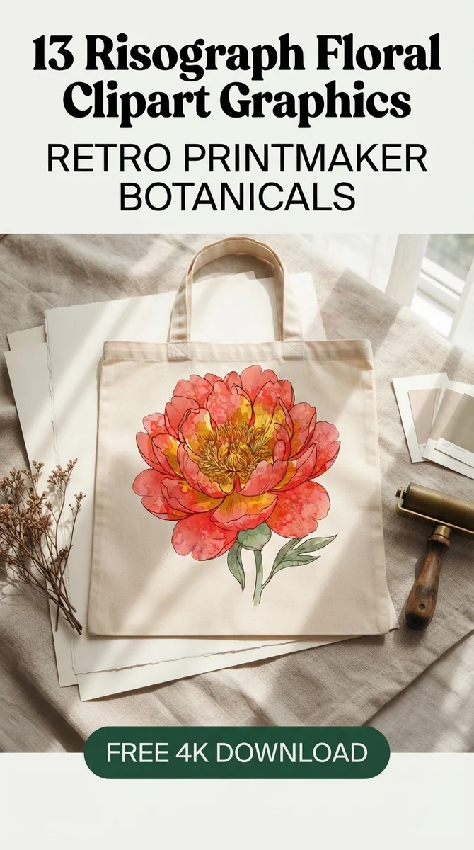 Free Red & Yellow Peony PNG | Risograph Floral Clipart — Risograph Floral Clipart | Retro Riso Art PNG watercolor clipart