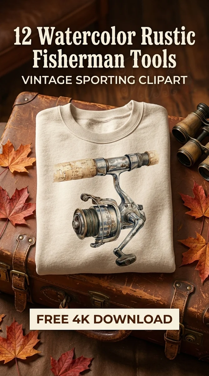 Free Spinning Reel PNG | Modern Fishing Clipart — Rustic Fisherman Clipart | Vintage Fishing PNG watercolor clipart