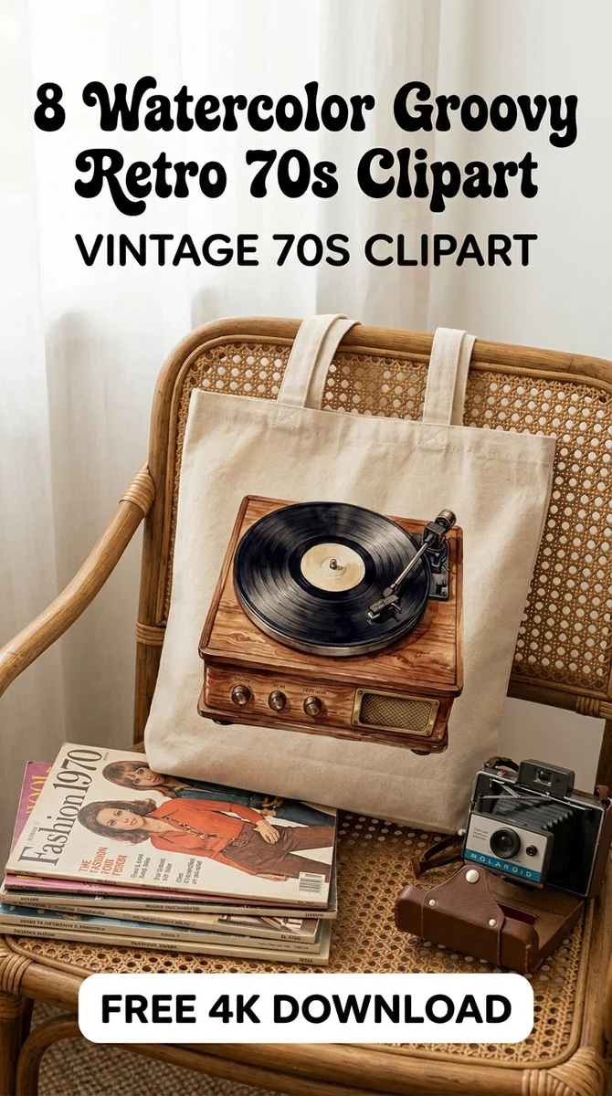 Free Vintage Record Player PNG | 70s Retro Music Clipart — 70s Retro Clipart | Vintage Groovy PNGs watercolor clipart