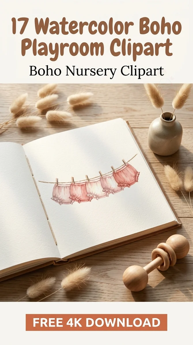 Free Baby Clothesline PNG | Cute Pink Ruffle Diaper Clipart — Boho Nursery Clipart | Playroom Watercolor PNGs watercolor clipart