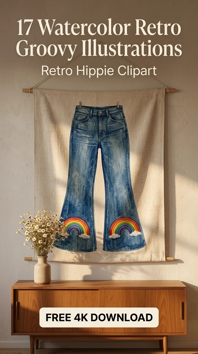 Free Flared Jeans PNG | Retro 70s Denim Clipart — Retro Groovy Clipart | Hippie Aesthetic PNG watercolor clipart