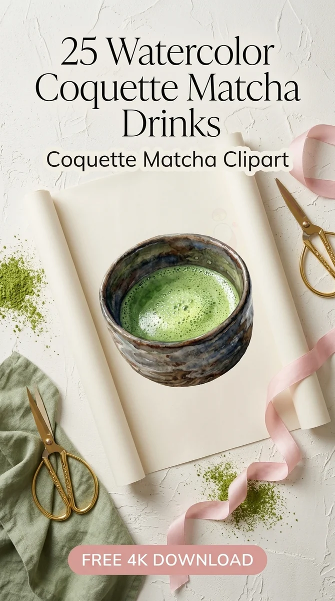 Free Traditional Matcha Bowl PNG | Authentic Green Tea Clipart — Coquette Matcha Latte | Soft Girl Cafe Clipart PNG watercolor clipart