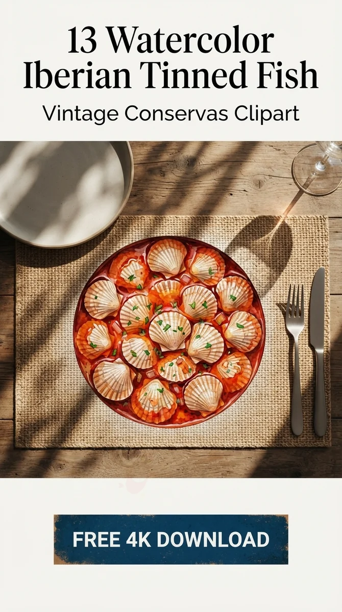 Free Galician Scallops Clipart | Tinned Seafood PNG — Tinned Fish Clipart Vintage Sardine PNG Aesthetic watercolor clipart