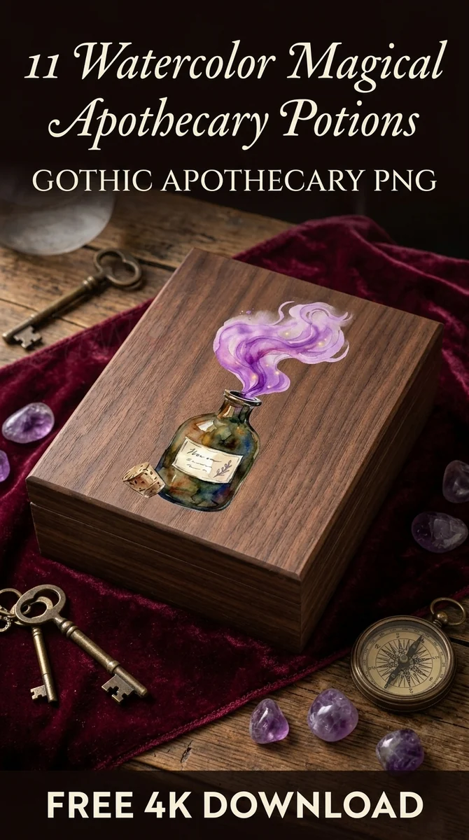 Free Amethyst Potion with Smoke PNG | Witchy Apothecary Clipart — Dark Academia | Witchy Apothecary Clipart PNG watercolor clipart