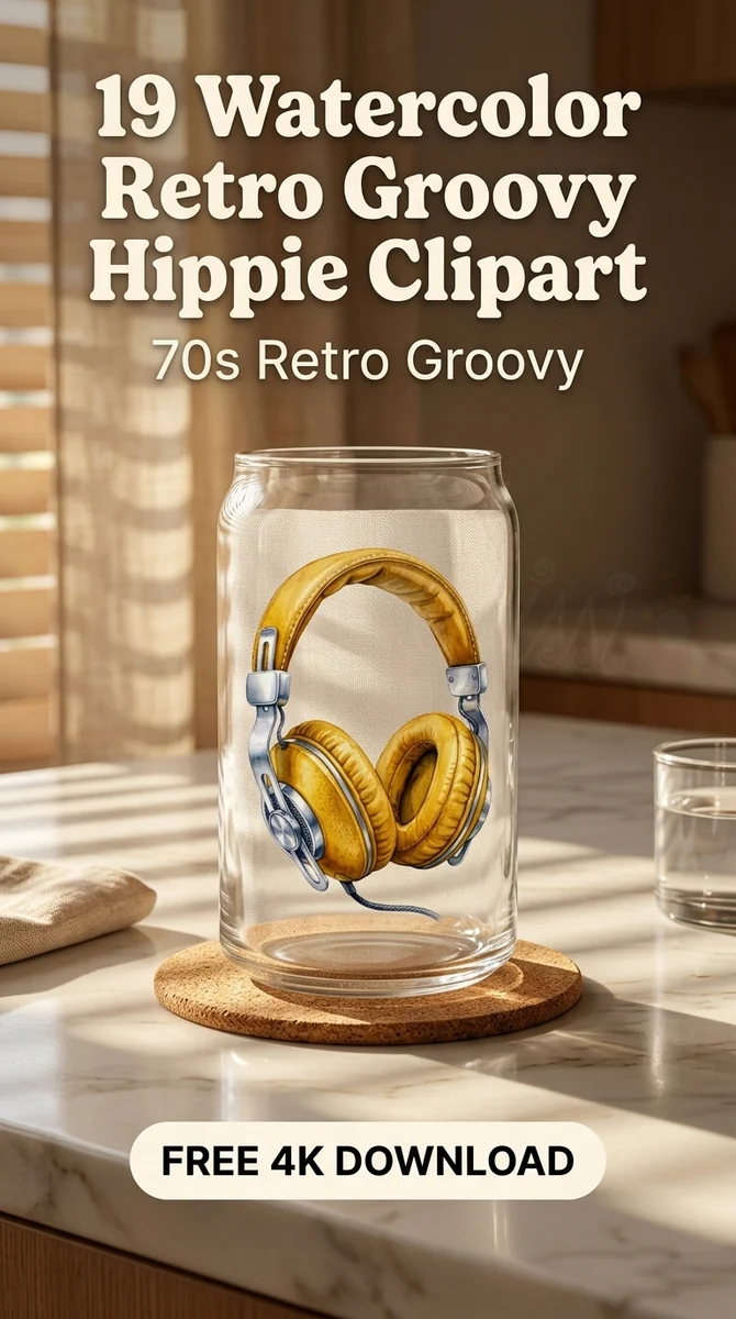 Free Retro Headphones Clipart | Vintage Yellow Music PNG — Retro Groovy Clipart | Hippie 70s PNG watercolor clipart