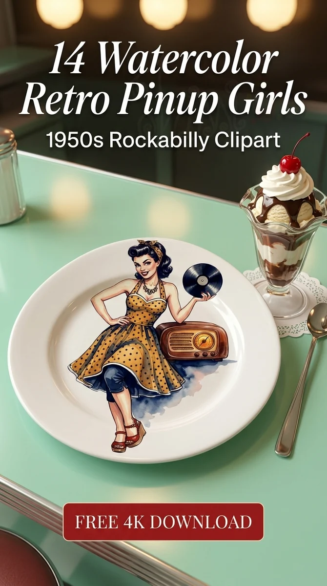 Free Rockabilly Party Clipart | Retro Pinup Girl with Radio PNG — Retro Pinup Clipart | 1950s Rockabilly PNG watercolor clipart