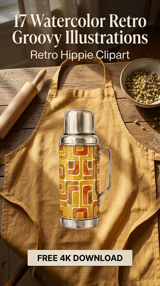 Free Retro Thermos PNG | Vintage Geometric Clipart — Retro Groovy Clipart | Hippie Aesthetic PNG watercolor clipart