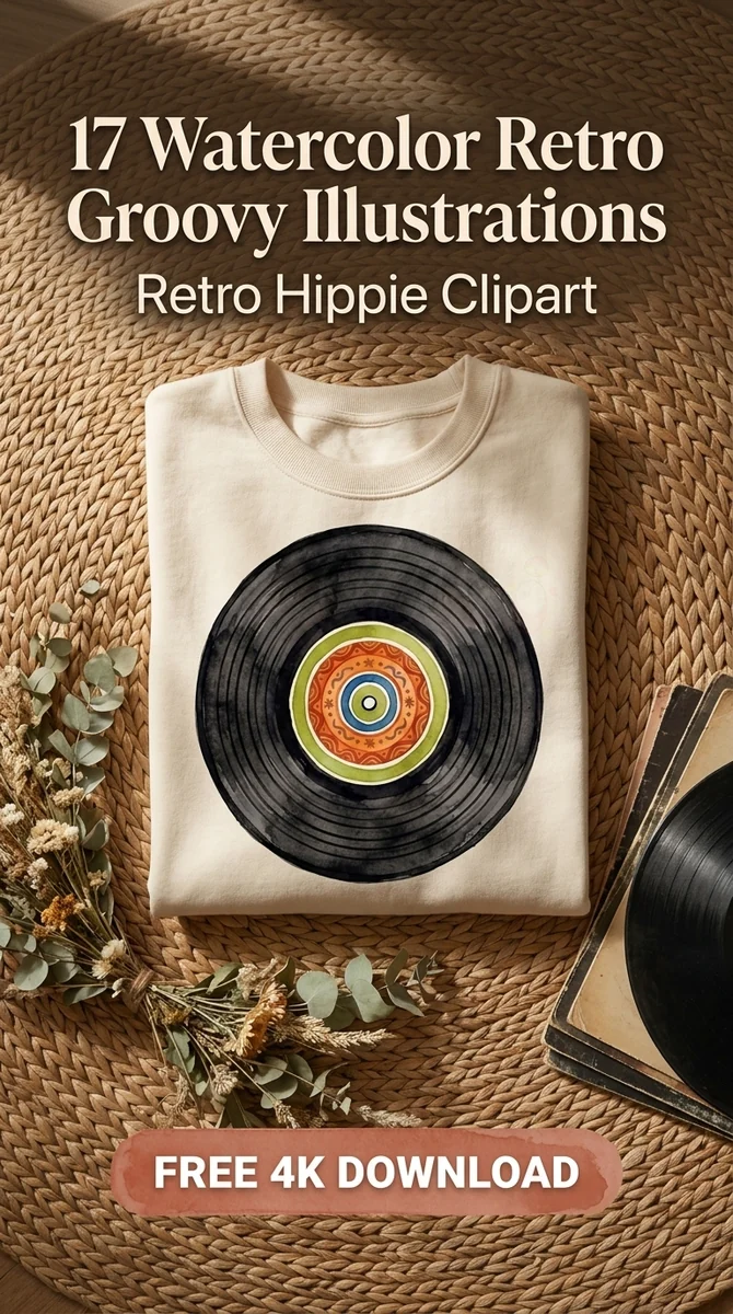 Free Vintage Vinyl Record PNG | Retro Music Clipart — Retro Groovy Clipart | Hippie Aesthetic PNG watercolor clipart