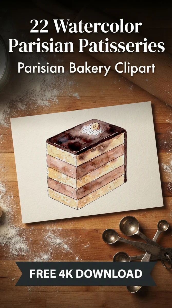 Free Hazelnut Opera Cake PNG | Realistic Layered Dessert — French Patisserie Clipart | Parisian Bakery PNG watercolor clipart