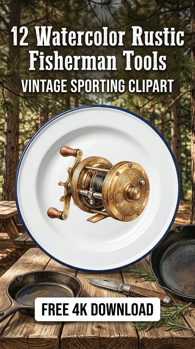 Free Antique Fishing Reel PNG | Vintage Gear Clipart — Rustic Fisherman Clipart | Vintage Fishing PNG watercolor clipart