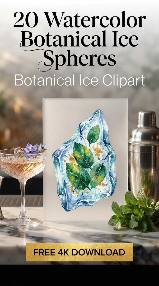 Free Mint Ice Shard PNG | Botanical Watercolor Cocktail Clipart — Botanical Ice Spheres | Floral Cocktail Clipart watercolor clipart