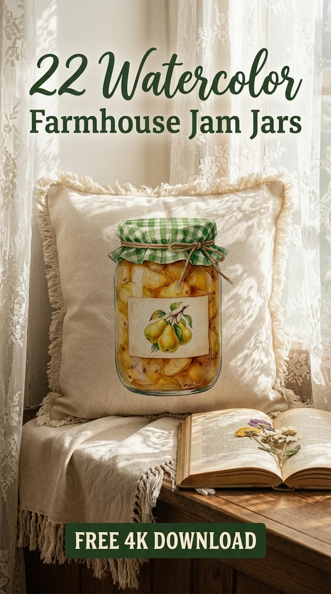 Free Blank Vintage Label Pear Jam PNG | Mason Jar Art — Cottagecore Jam Jar Clipart | Rustic Farmhouse PNG watercolor clipart