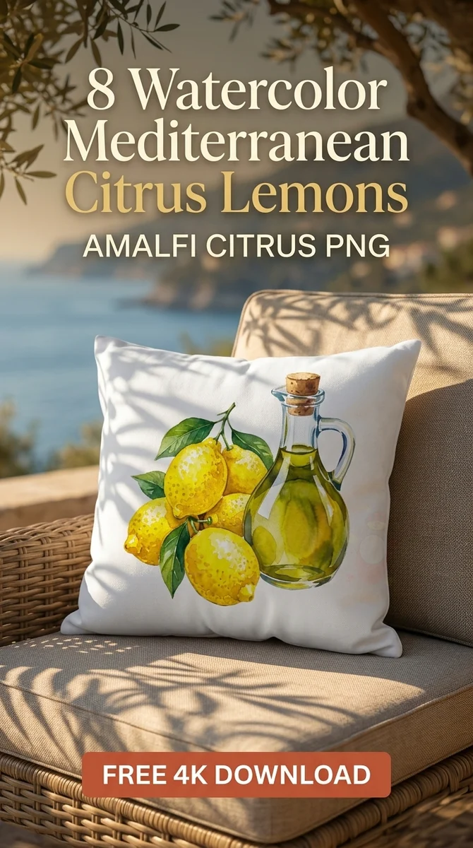 Free Olive Oil Bottle PNG | Mediterranean Kitchen Clipart — Mediterranean Citrus | Amalfi Lemon Clipart PNG watercolor clipart