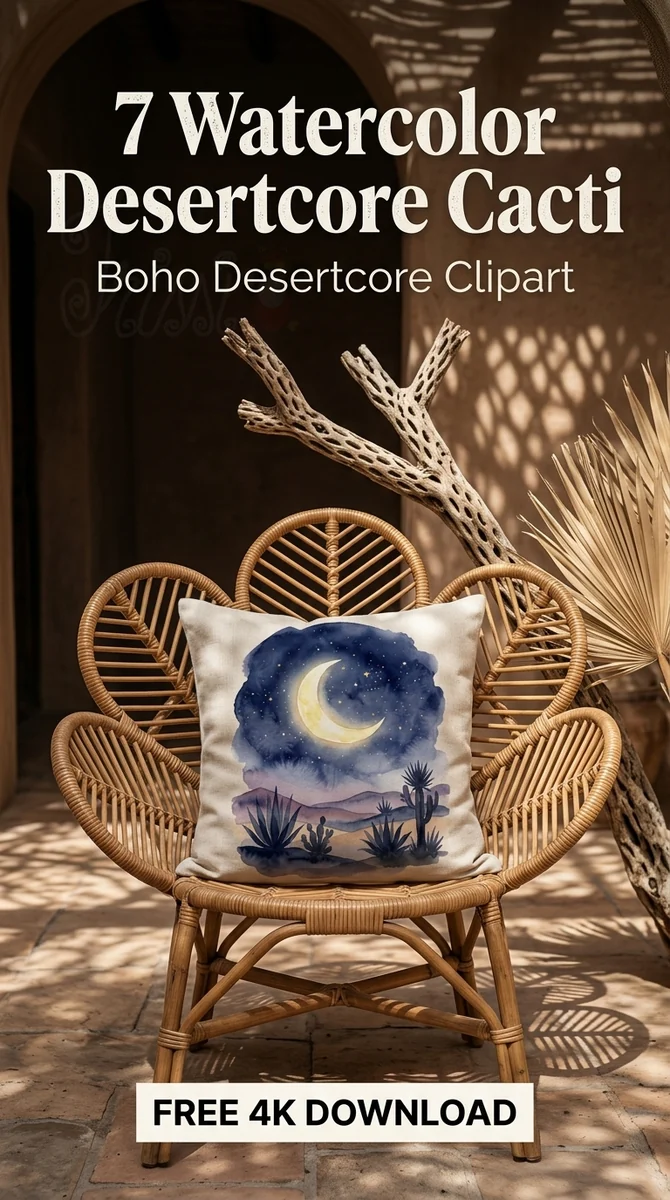 Free Boho Desert Moonscape PNG | Starry Night Cactus Clipart — Boho Desertcore Cacti Clipart watercolor clipart