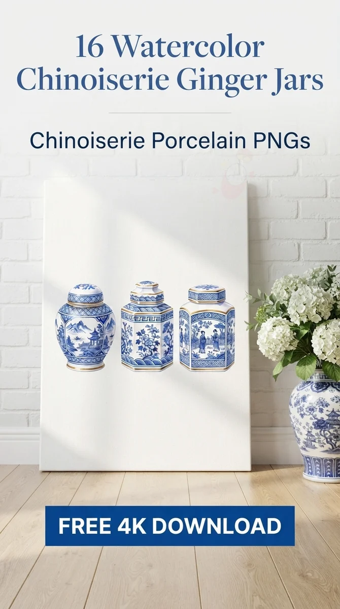 Free Chinoiserie Ginger Jar Trio PNG | Blue White Porcelain Clipart — Grandmillennial | Chinoiserie Clipart PNGs watercolor clipart