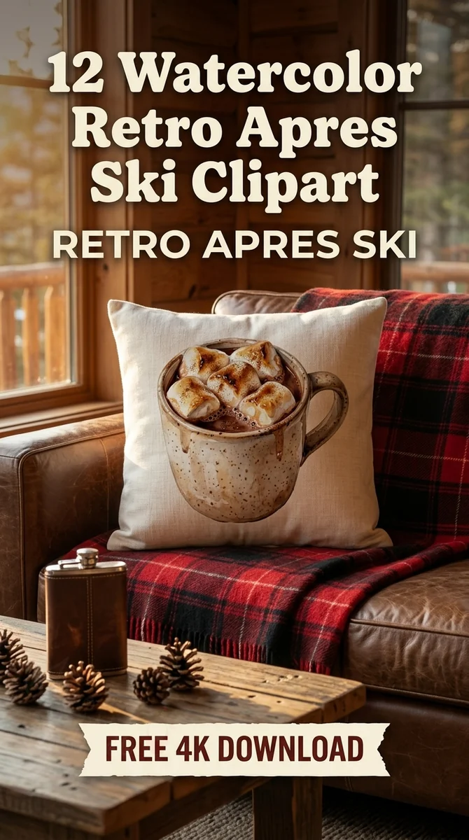 Free Hot Cocoa PNG | Cozy Mug with Marshmallows Clipart — Retro Apres Ski Clipart Cozy Winter Watercolor PNG watercolor clipart